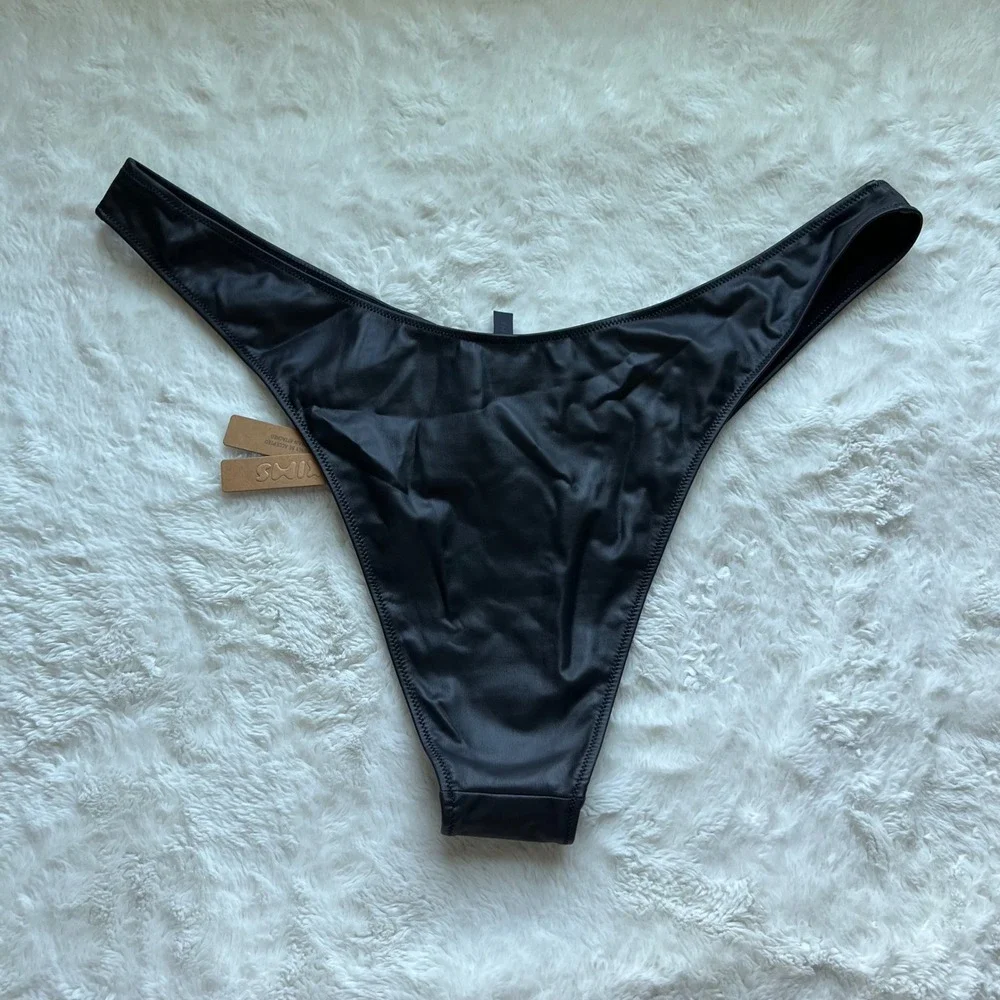 Skims Micro Pleather Swim Micro Tanga Bikini Bottom Onyx Black 2X SW-TAN-0159